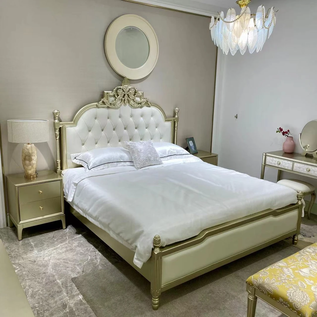 美式轻奢高端大气香槟色实木双人床/卧室软包大床/主卧床戴安娜床