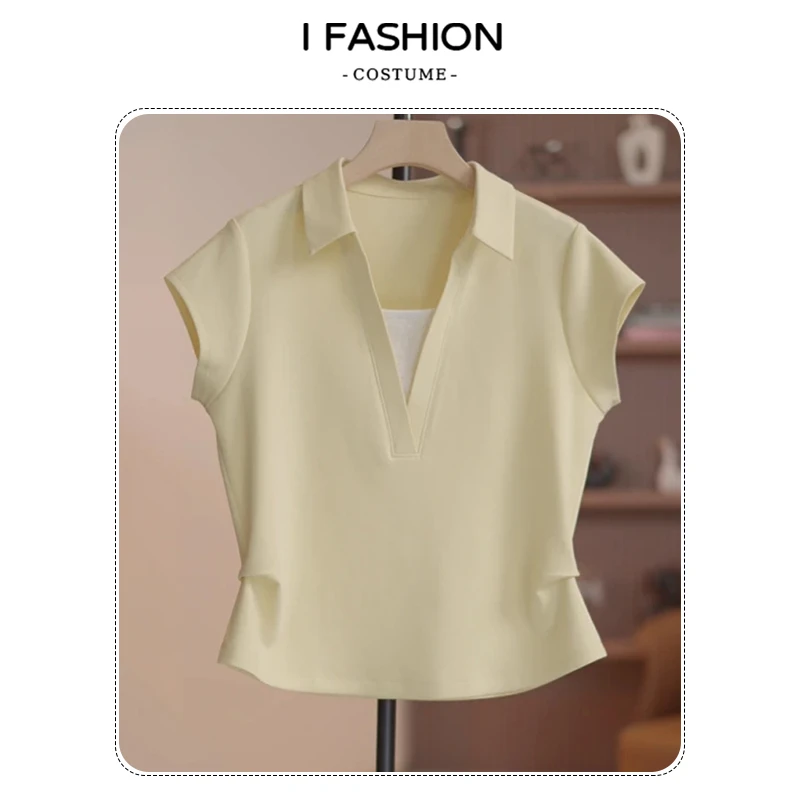 高含棉韩版百搭polo领短袖t恤女2026年夏季新款洋气显瘦收腰上衣