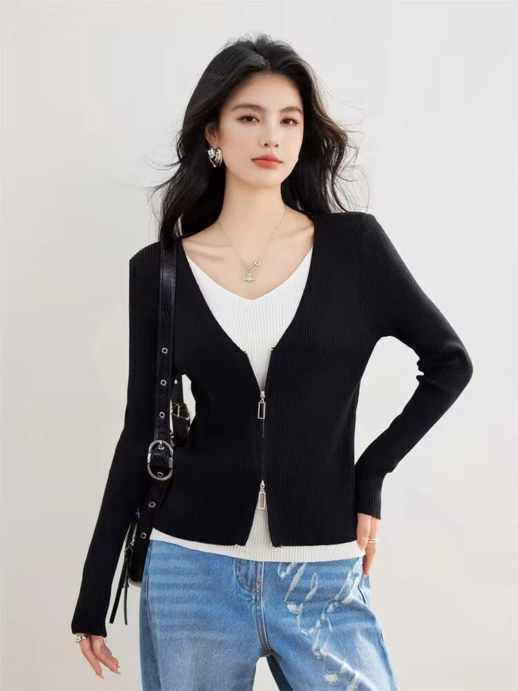 职业阿玛诗官2025秋冬新款女装长袖T恤V领假两件撞色拉链打底衫女