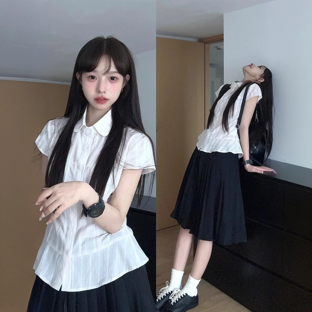 甜美少女感百搭条纹翻领收腰小飞袖短袖衬衫百褶半身裙套装