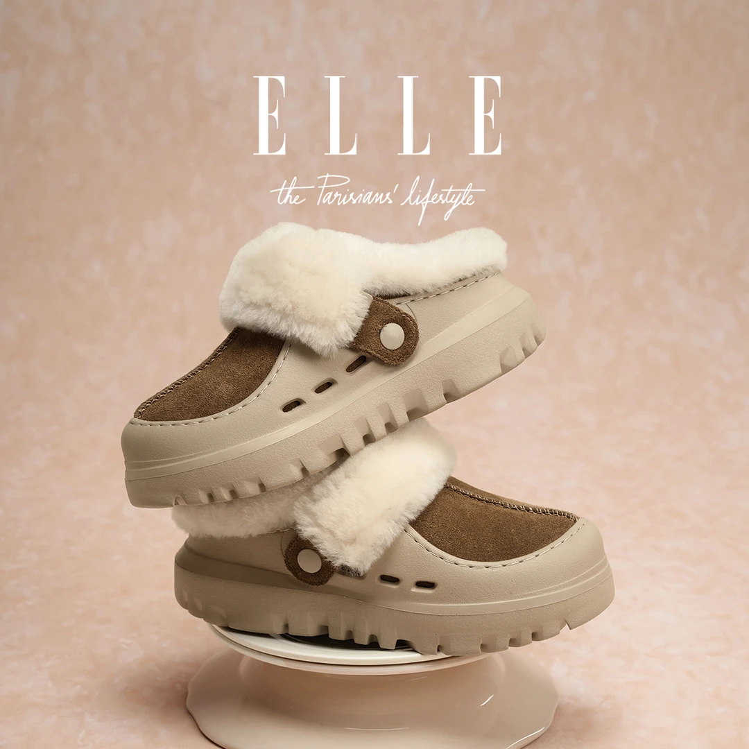ELLE毛绒勃肯鞋女2025冬季新款加绒保暖棉拖鞋厚底防滑毛毛雪地靴