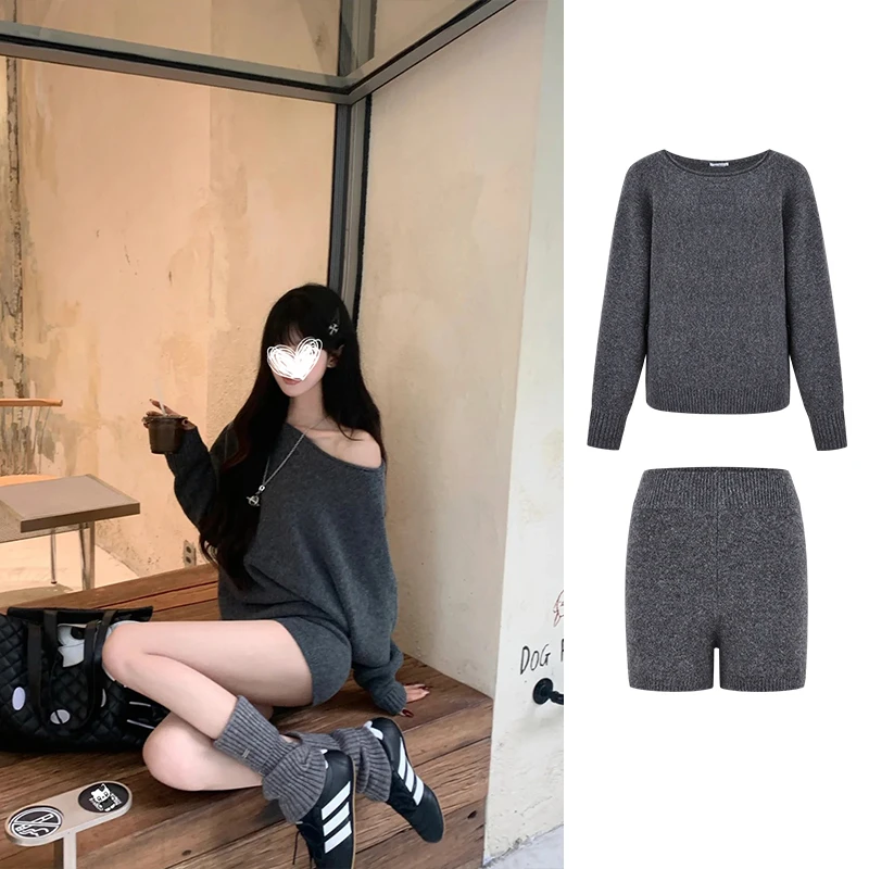 Moses Queen/魔西女王一字肩毛衣套装蝙蝠袖上衣坑条纹短裤两件套