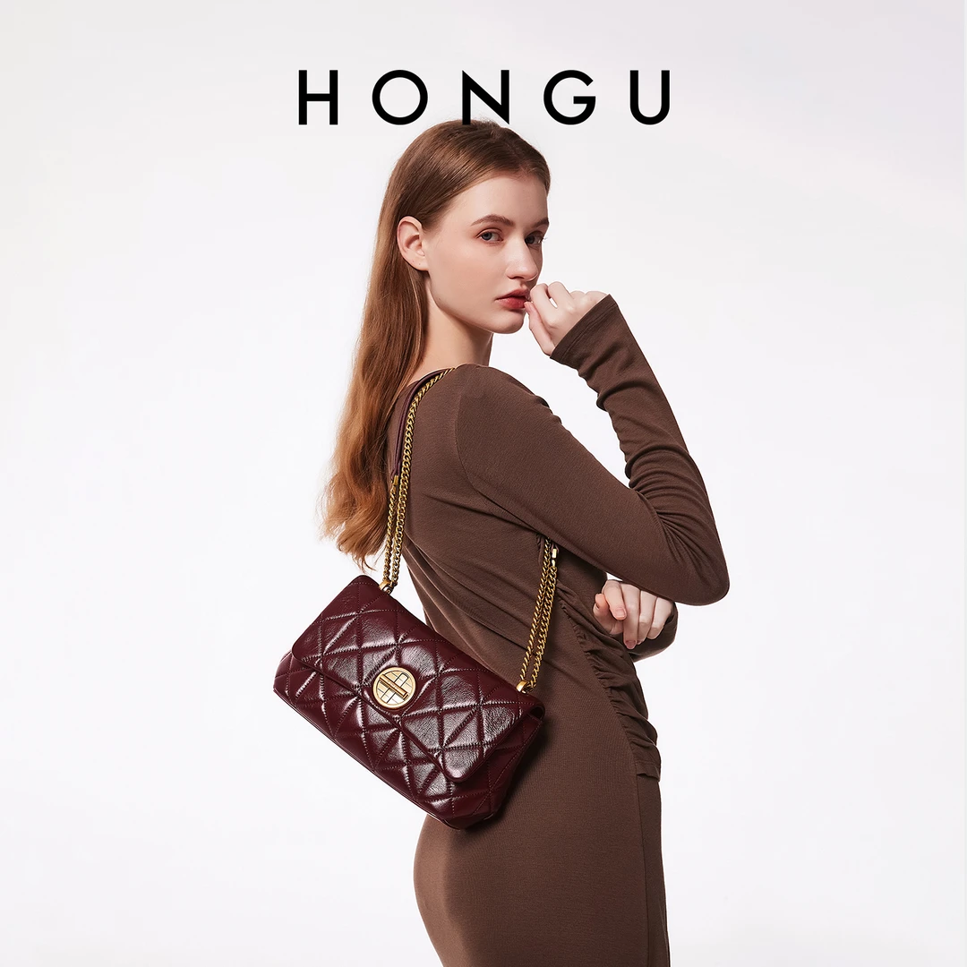 HONGU/红谷新款真皮单肩腋下包菱格链条包复古斜挎包女包H5136020