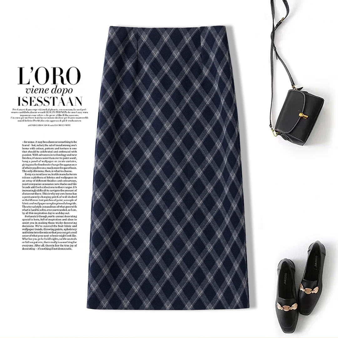 时尚潮流格纹毛呢半身裙女秋冬2025新款高腰显瘦中长款Aa字包臀裙