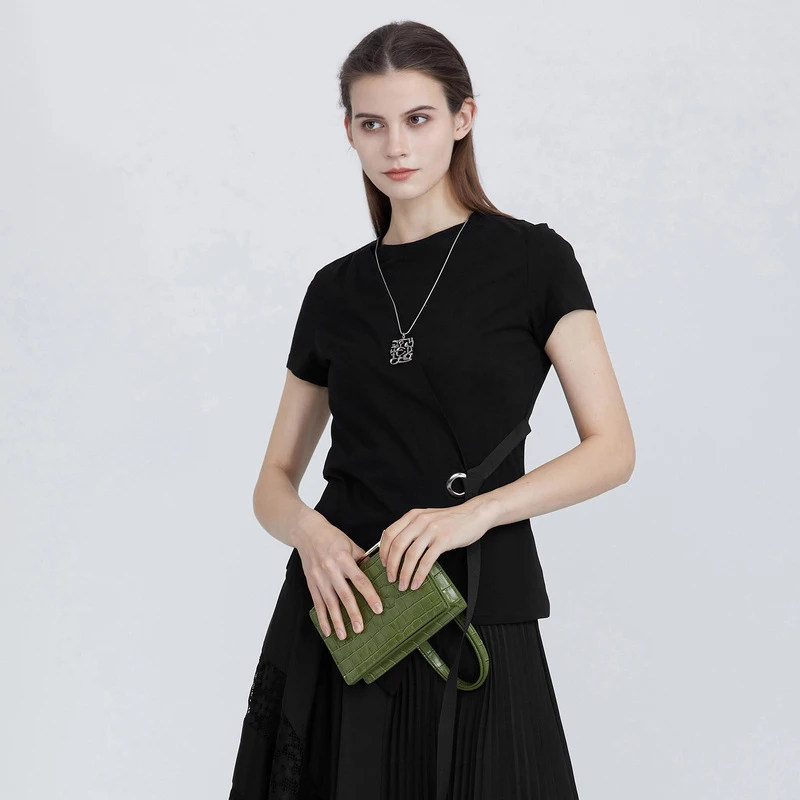 sdeer圣迪奥时尚圆领拼接飘带短袖T恤S21280130