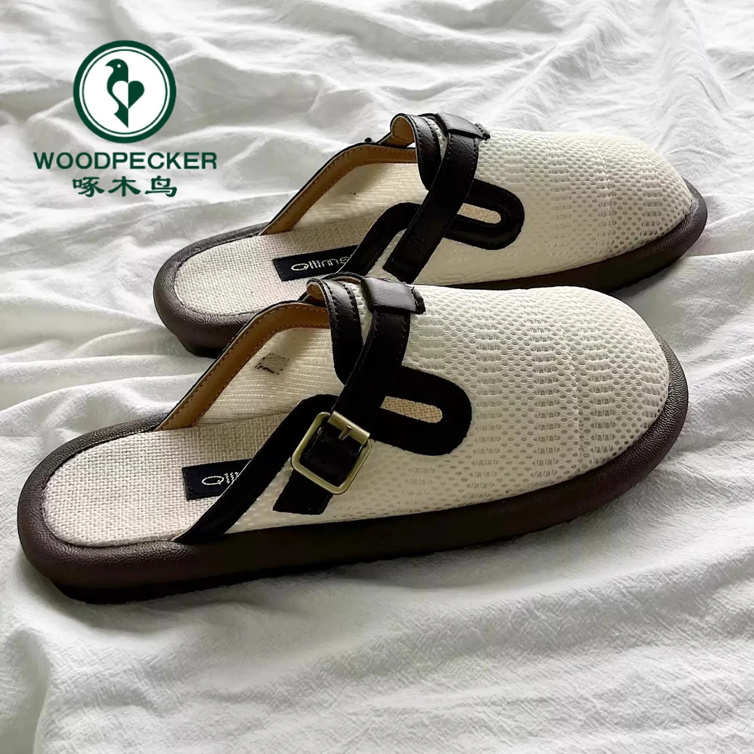 啄木鸟亚麻包头半拖鞋女2025新款平底软底透气网面一脚蹬凉拖女鞋