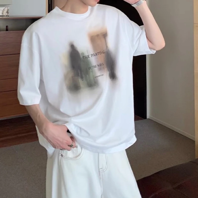 美式复古潮流多人物重影印花圆领短袖T恤百搭休闲上衣男