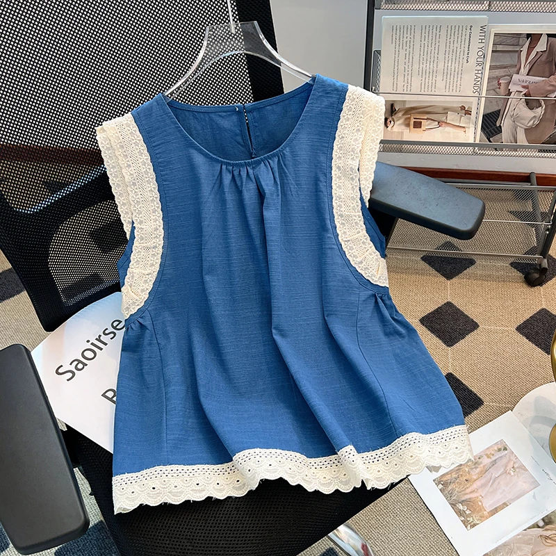 法式蕾丝拼接亚麻无袖上衣女士夏季2025新款外穿宽松背心洋气小衫