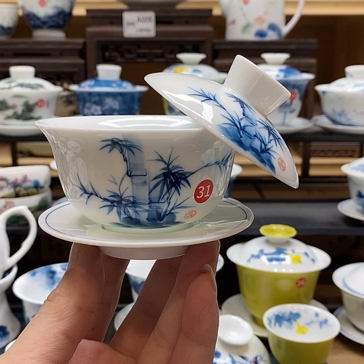 手绘微瑕竹子盖碗