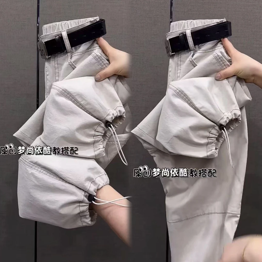 夏季薄款洋气八分裤女束脚抽绳两穿工装裤显瘦百搭弯刀裤