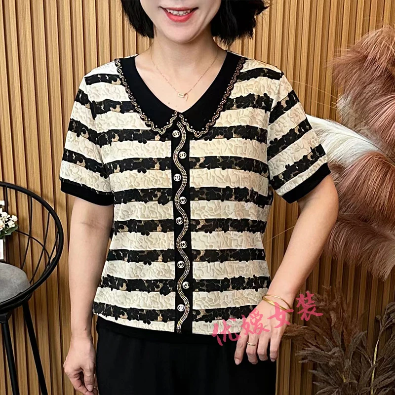 妈妈装夏季新款条纹花边娃娃领透气显瘦中老年女装短袖上衣 A6611