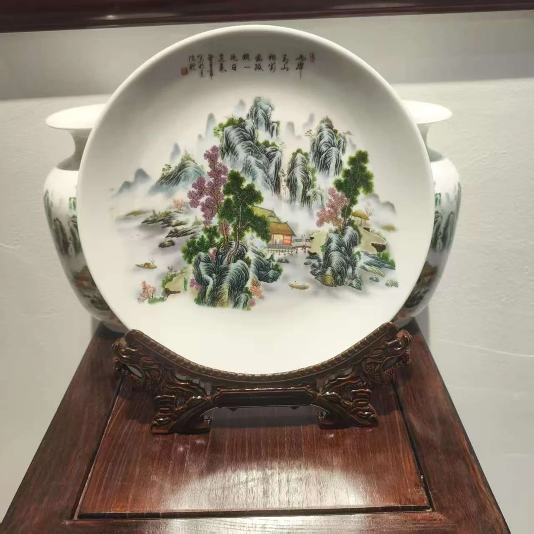 D02269/陶瓷/粉彩山水/冬瓜瓶加赏盘