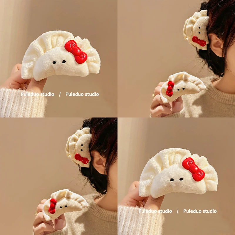 甜心守护！后脑勺的俏皮腮红！冬甜美毛绒饺子鲨鱼夹后脑勺发量少