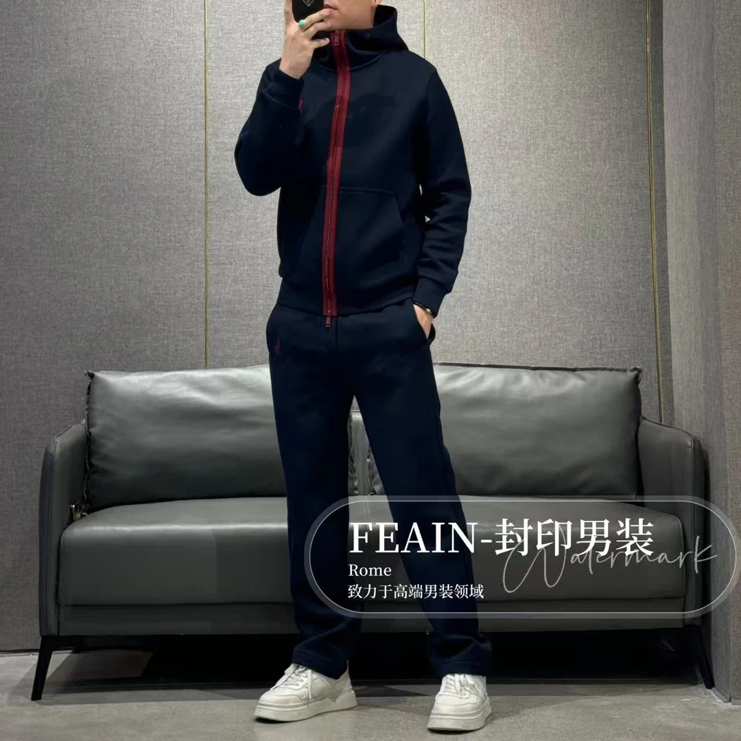 高端男士比马棉红标骑马刺绣连帽套装9256