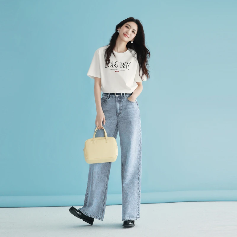 伊芙丽高克重直筒休闲显瘦百搭牛仔拖地裤女25春季1G1951171