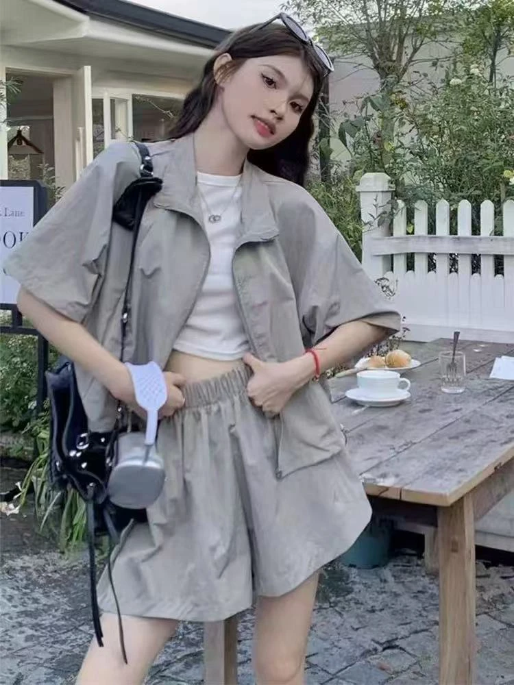 【高品质】铜氨丝韩系短袖服外套+气质阔腿短裤运动防晒休闲套装夏