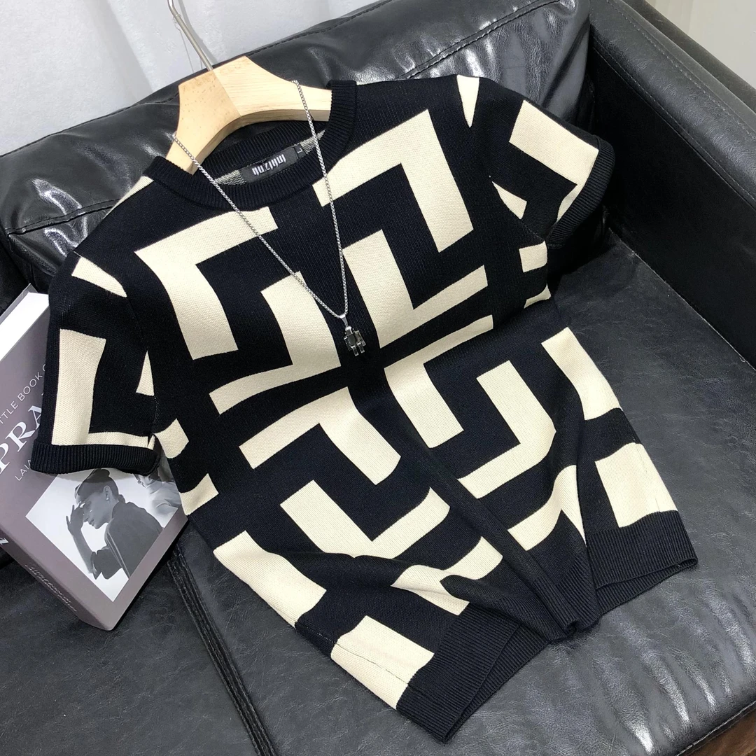 Ron Famou短袖t恤男针织衫半袖几何条纹修身毛衫休闲圆领打底衫男