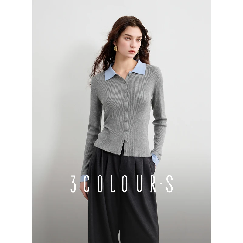 三彩2025春季新款假两件针织衫翻领拼接毛衣开衫修身坑条毛衫S