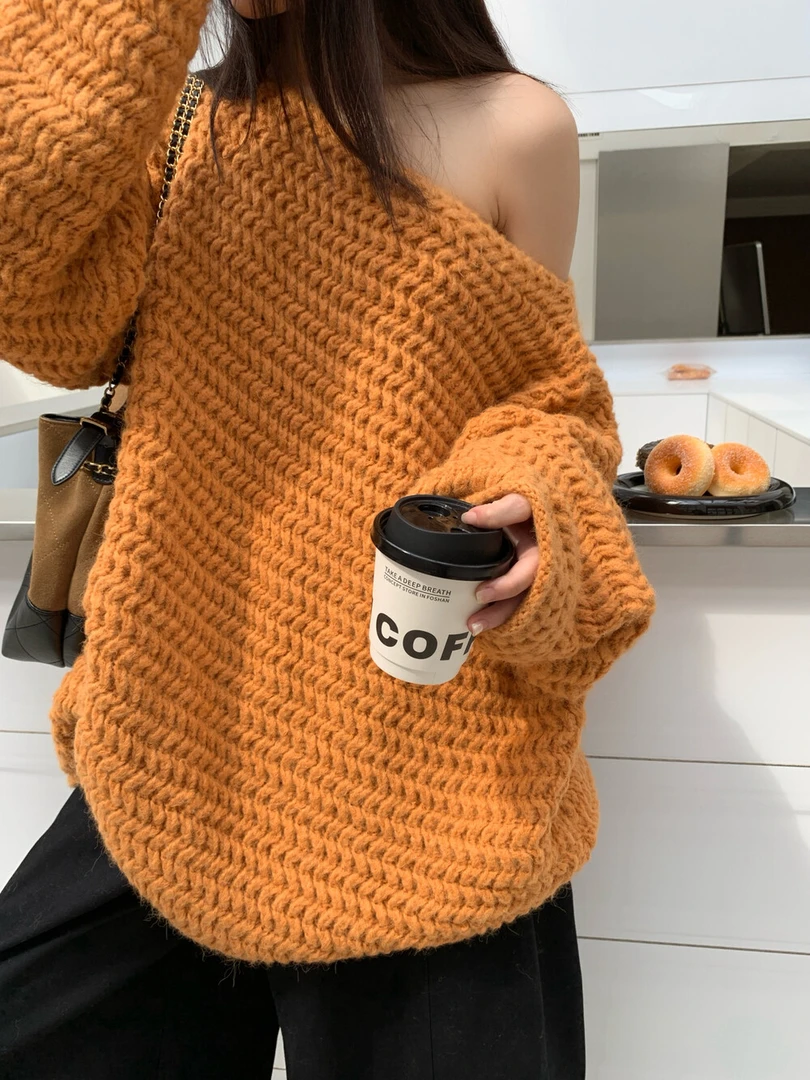 秋冬韩系氛围感加厚一字肩显瘦慵懒风软糯宽松大版针织衫女