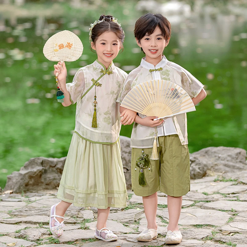 男女宝宝唐装汉服套装夏季新款洋气时尚儿童中式国学表演兄妹装潮