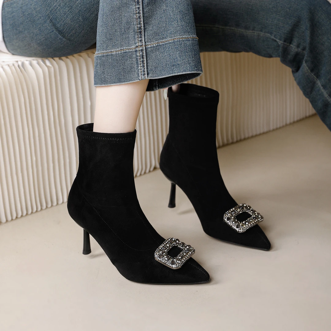 法式水钻黑色细跟短靴女2025秋冬新款百搭显瘦高跟女靴弹力瘦瘦靴