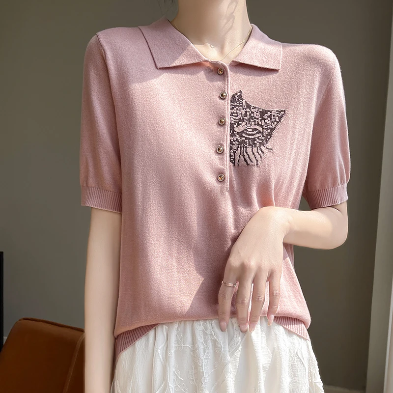 羊范夏季薄款Polo领精纺羊毛短袖女猫咪提花半袖百搭显瘦时尚上衣
