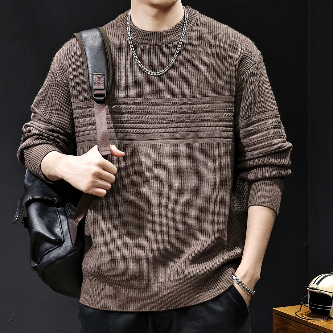 MR.MUDI/穆迪先生新款秋冬暗条纹圆领针织衫男士休闲撞色毛衣外套