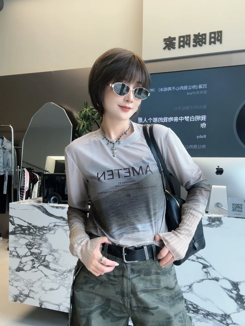 YG渐变色拼接袖微透网衫T恤60261