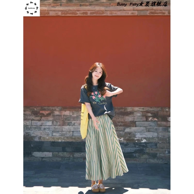 两件套夏季韩版宽松印花圆领短袖T恤松紧高腰条纹半身裙子套装女