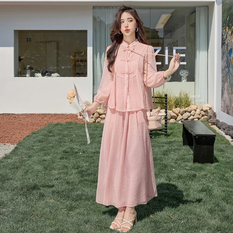 时尚套装2025夏季新款立领盘扣衬衫上衣吊带衫阔腿裤三件套SY2606