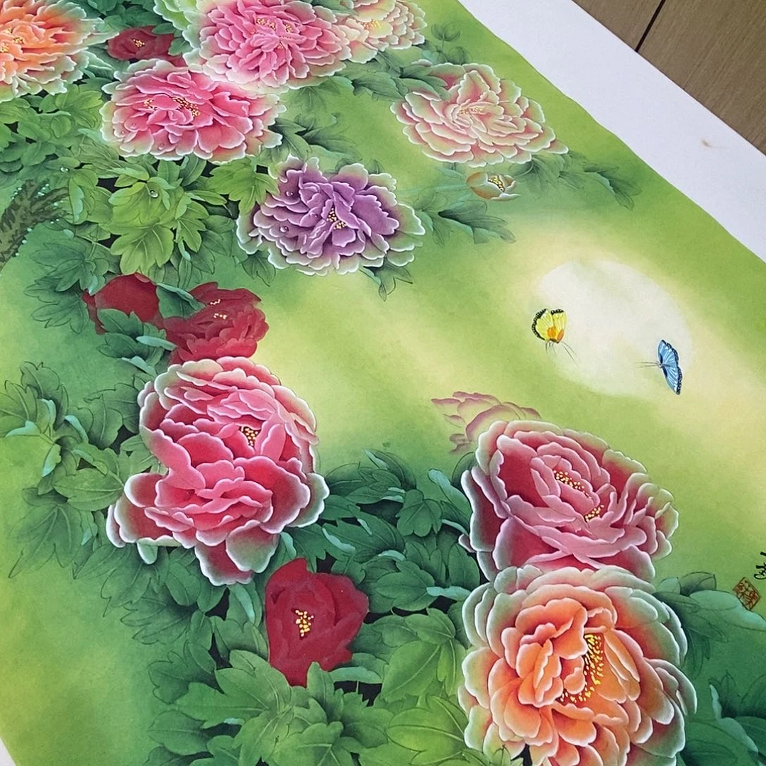 国画工笔牡丹中秋节纪念版