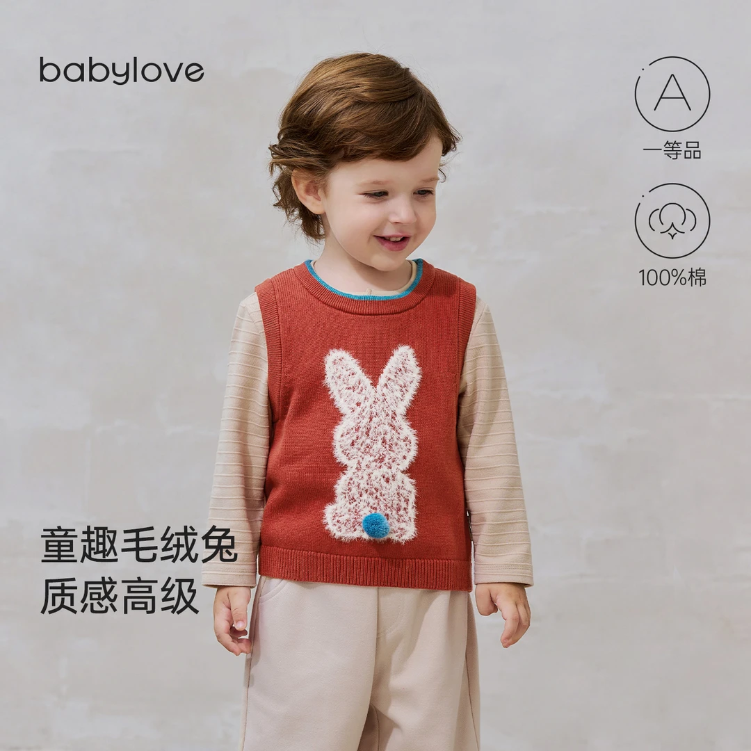 babylove宝宝秋冬纯棉保暖文艺毛衣百搭绣花红毛织马甲