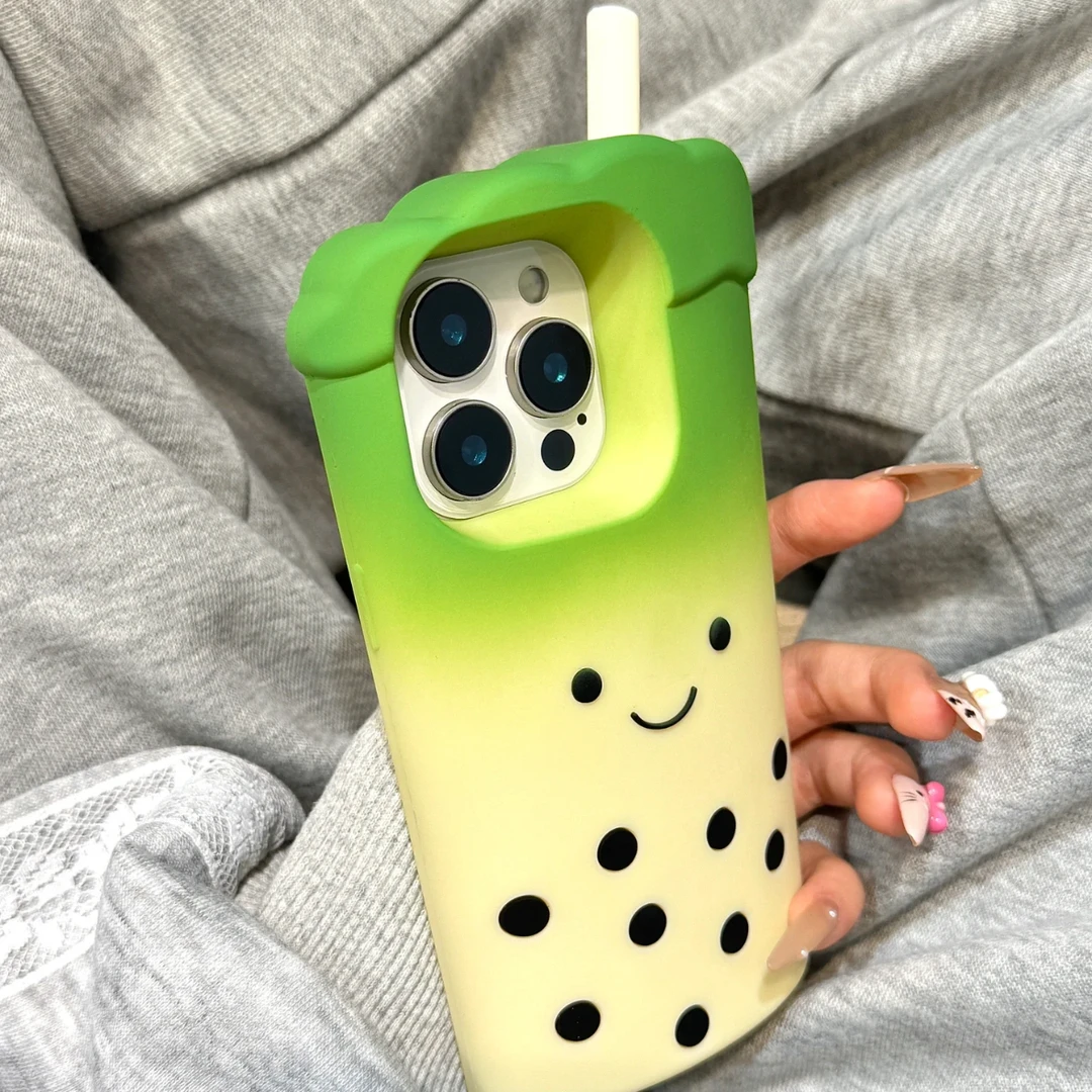 立体可爱抹茶珍珠奶茶适用苹果16promax硅胶15pro手机壳14防摔13