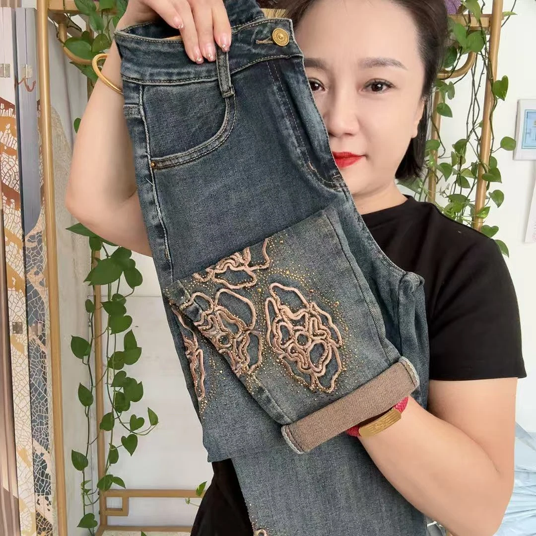 8512复古高腰显瘦夏季新款刺绣老爹牛仔裤