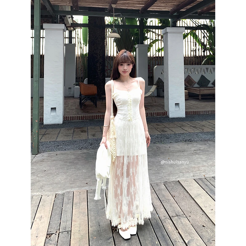 溺水三鱼【秘境花园】夏季氛围感度假风蕾丝网纱杏色吊带连衣裙