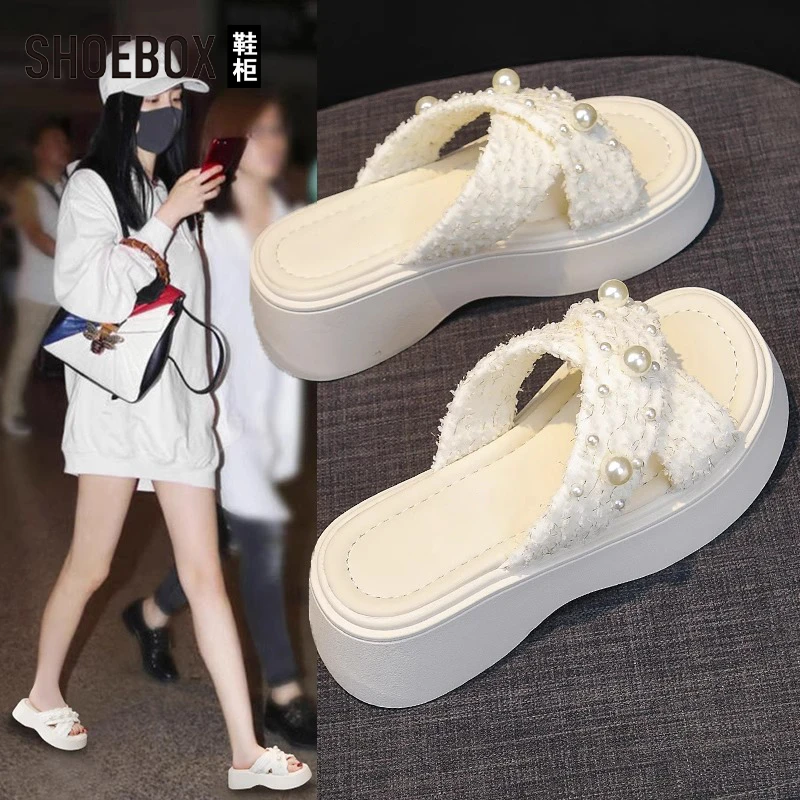 SHOEBOX鞋柜外穿小香风珍珠厚底拖鞋女夏新款高跟一字凉拖小个子