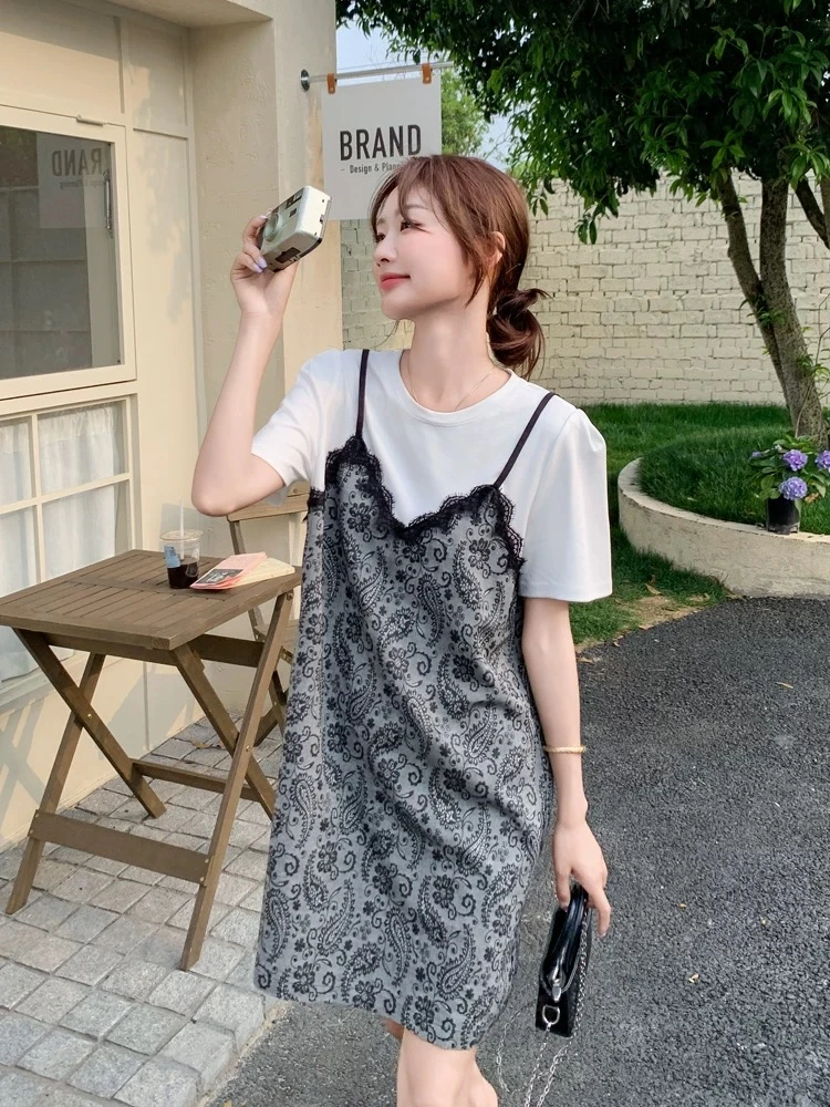 大码孕妇超好看假两件连衣裙夏2025新款小个子T恤裙50531