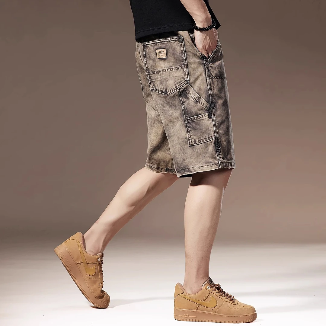 Cebrodz水洗复古工装短裤男夏季直筒中裤休闲扎染五分拼接裤子男
