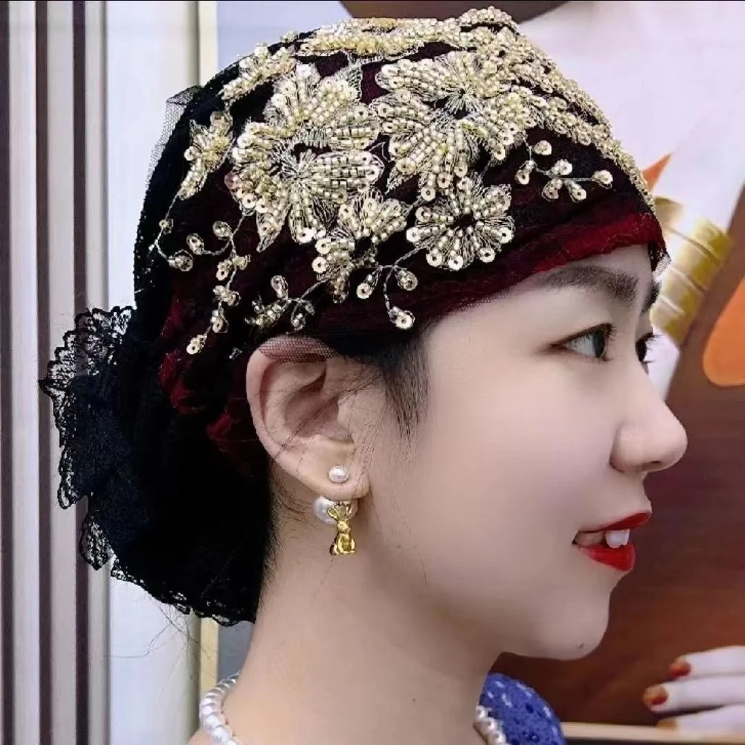 洋气百搭新款凤尾花盘花帽妈妈时尚头巾束发帽遮白发蕾丝包头帽女