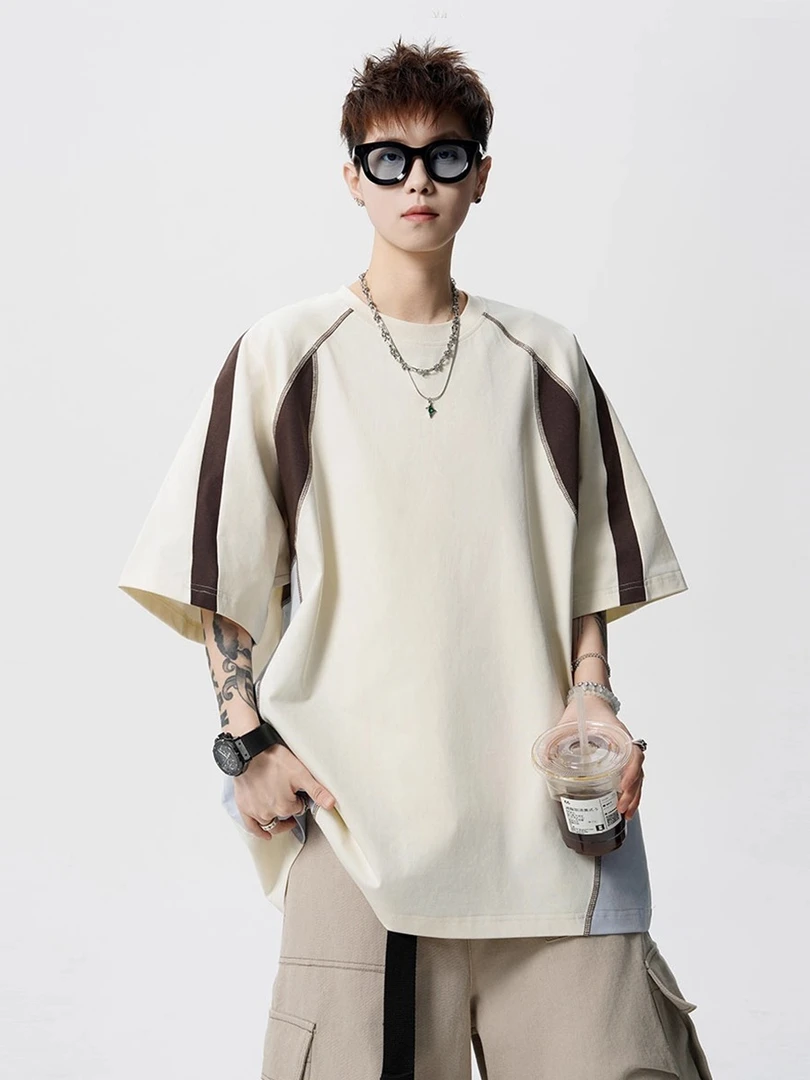 美式复古短袖t恤男夏季冰感新款高街撞色百搭休闲圆领五分袖体恤