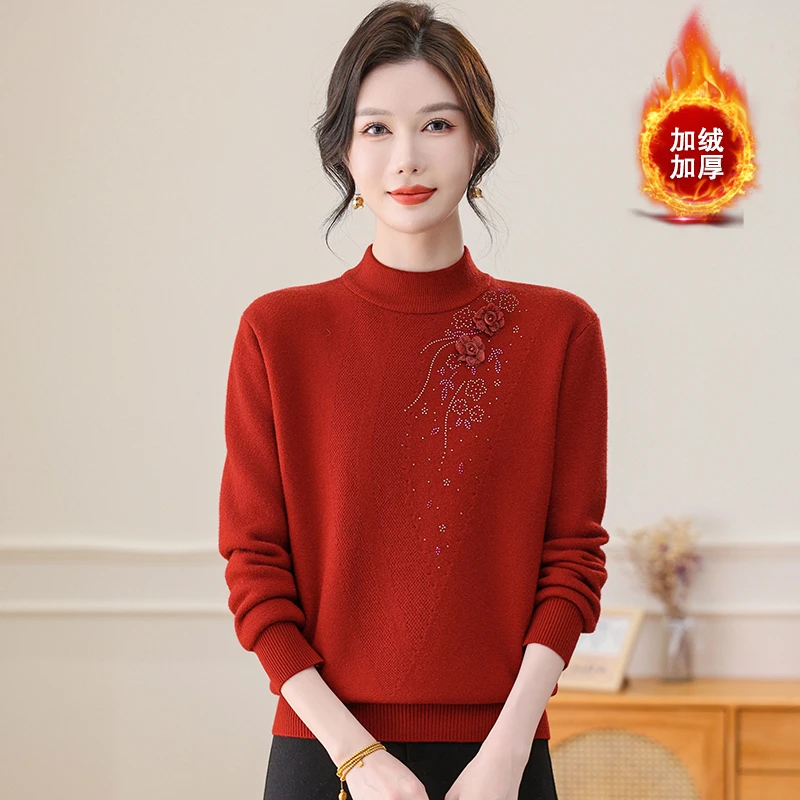 妈妈装秋冬季针织衫休闲时尚加绒加厚毛衣婆婆穿喜庆丝滑保暖打底