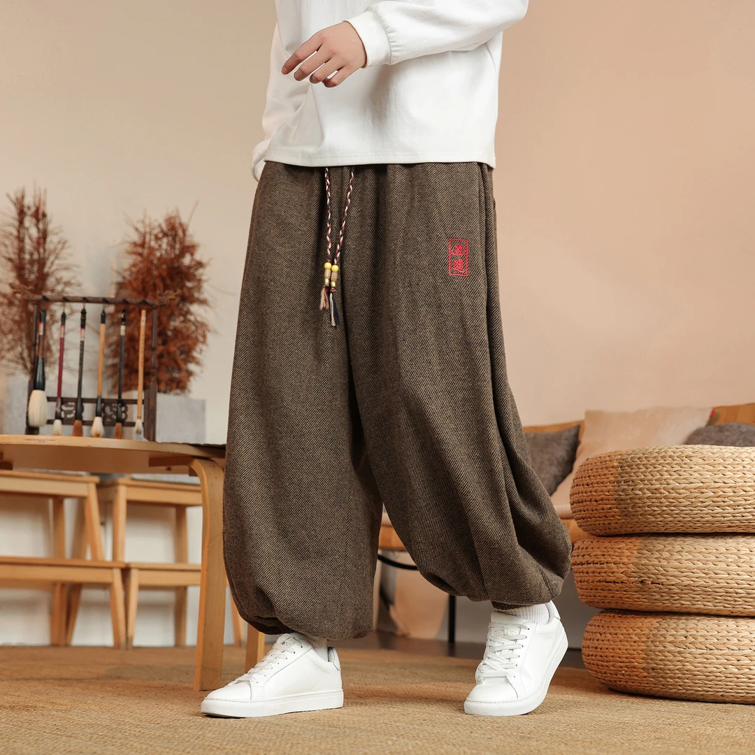 中国风刺绣加厚毛呢束脚哈伦裤男秋冬季保暖大码宽松阔腿灯笼长裤