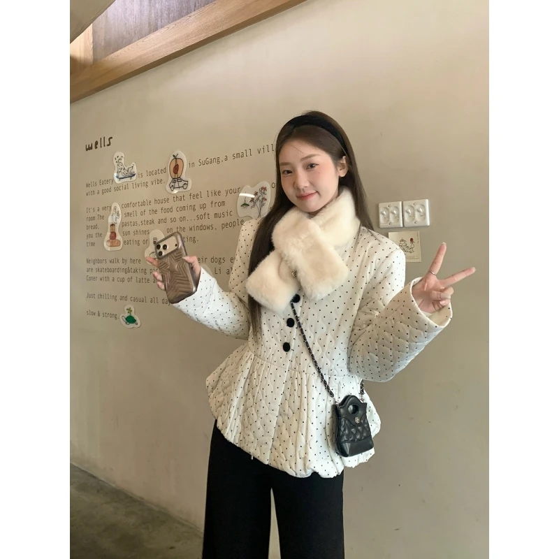 乌77甜美波点花苞短款棉服棉衣女宽松加厚保暖棉袄长袖外套上衣冬