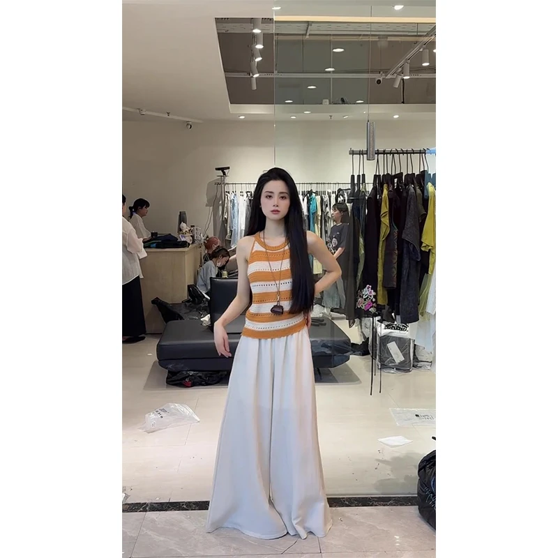 挂脖无袖条纹针织气质背心上衣2025夏季新款百搭显瘦宽松休闲长裤