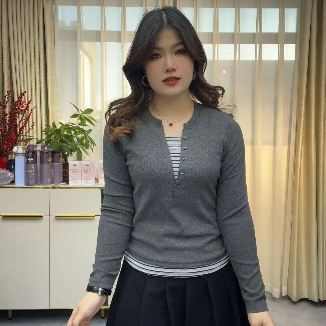 小鑫肝@早秋款条纹带扣假两件拼接休闲时尚百搭长袖T恤 0205