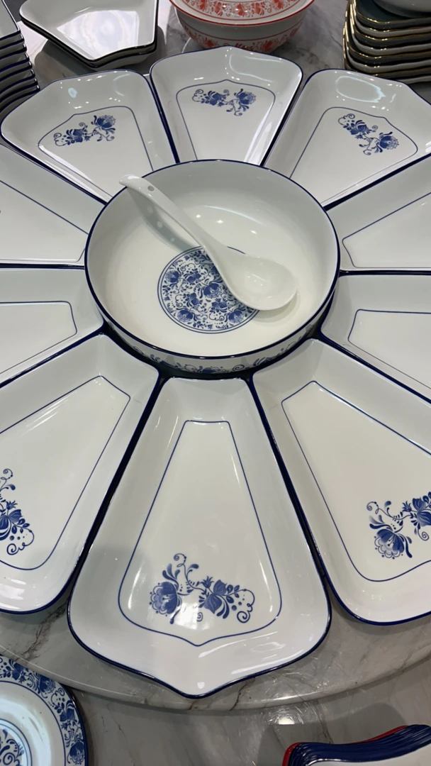 蓝青花瓷莲花95cm12个盘子➕汤碗➕十勺➕十筷➕十碗➕十骨碟（送大汤勺