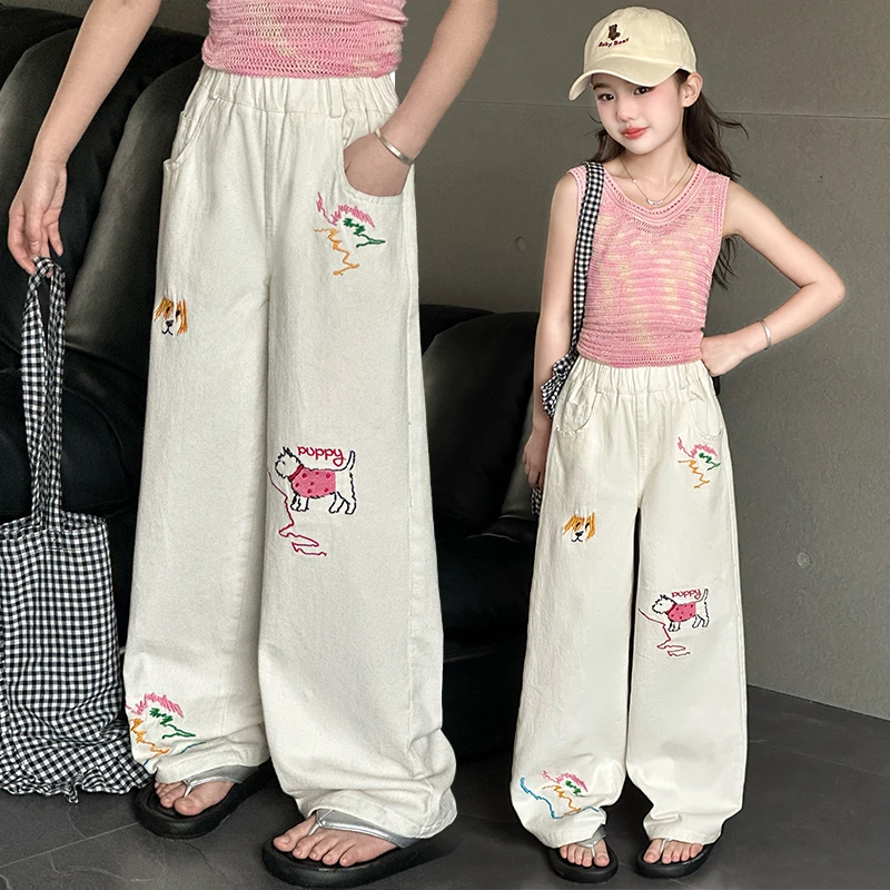 女童休闲裤春秋2025新款6-12岁潮款中大童刺绣直筒阔腿裤学生裤子