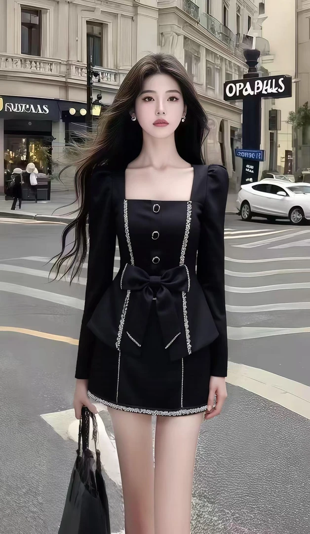 休闲风气质名媛黑色方领蝴蝶结设计上衣+黑色包臀半身裙女两件套