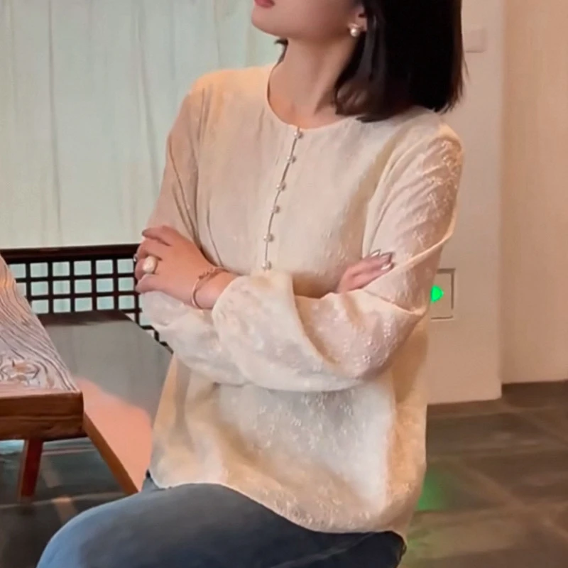 新中式复古蕾丝长袖衬衫女国风刺绣显瘦百搭气质上衣