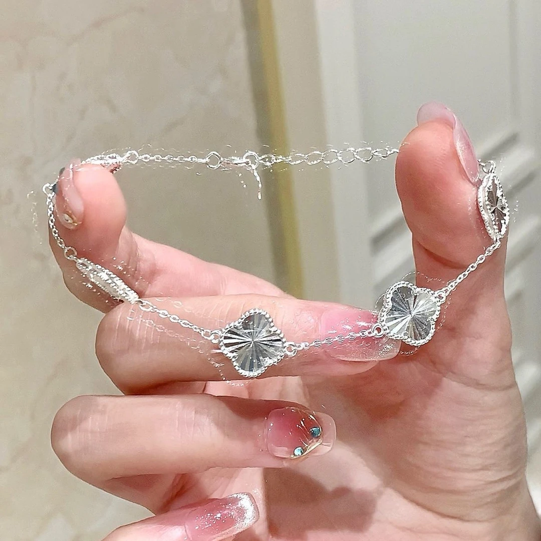 足银手链 足银999国风幸运四叶草银饰精致百搭手链按克卖带证